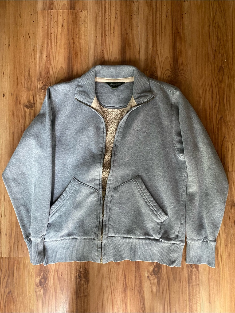 Men's EDDIE BAUER Light Gray Full-Zip Fleece-Lined Sweater Jacket- Vintage Sz L